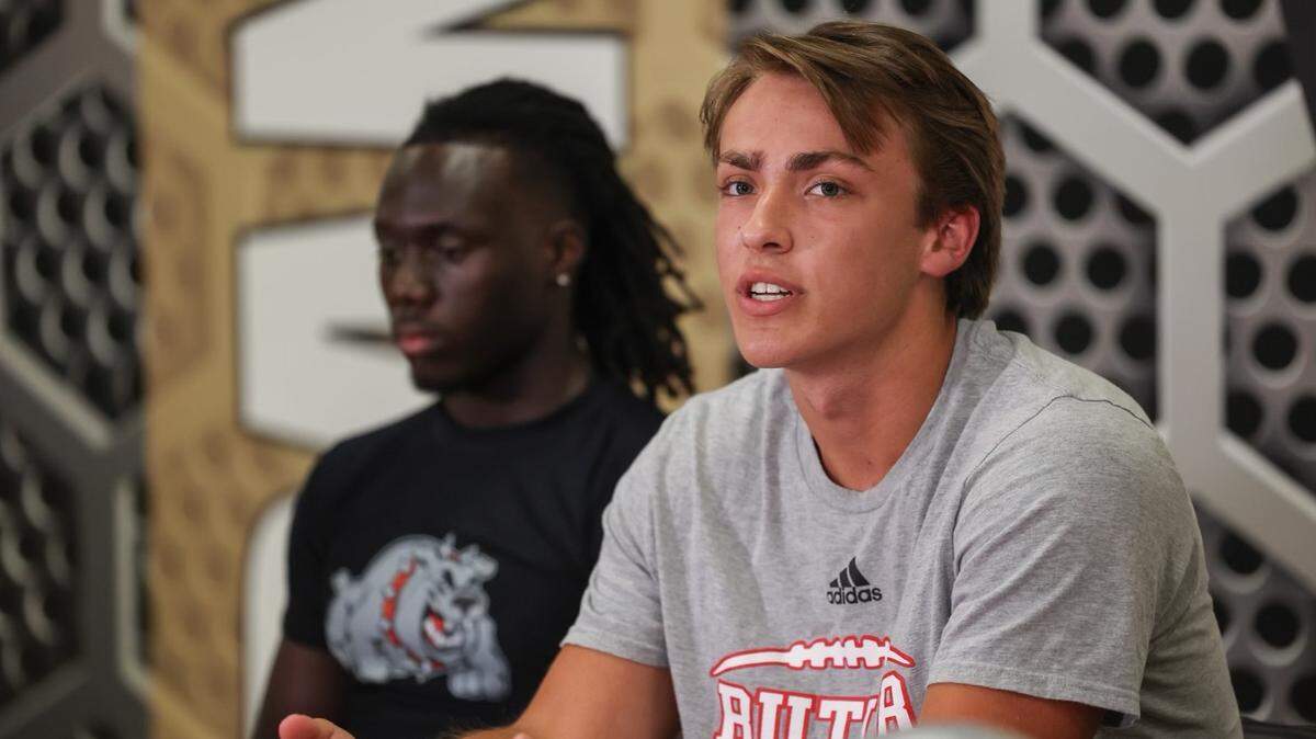 Butler quarterback Zach Lawrence speaks during Southwestern 4A media day at Providence High School on Thursday, July 27, 2023 in Charlotte, NC.