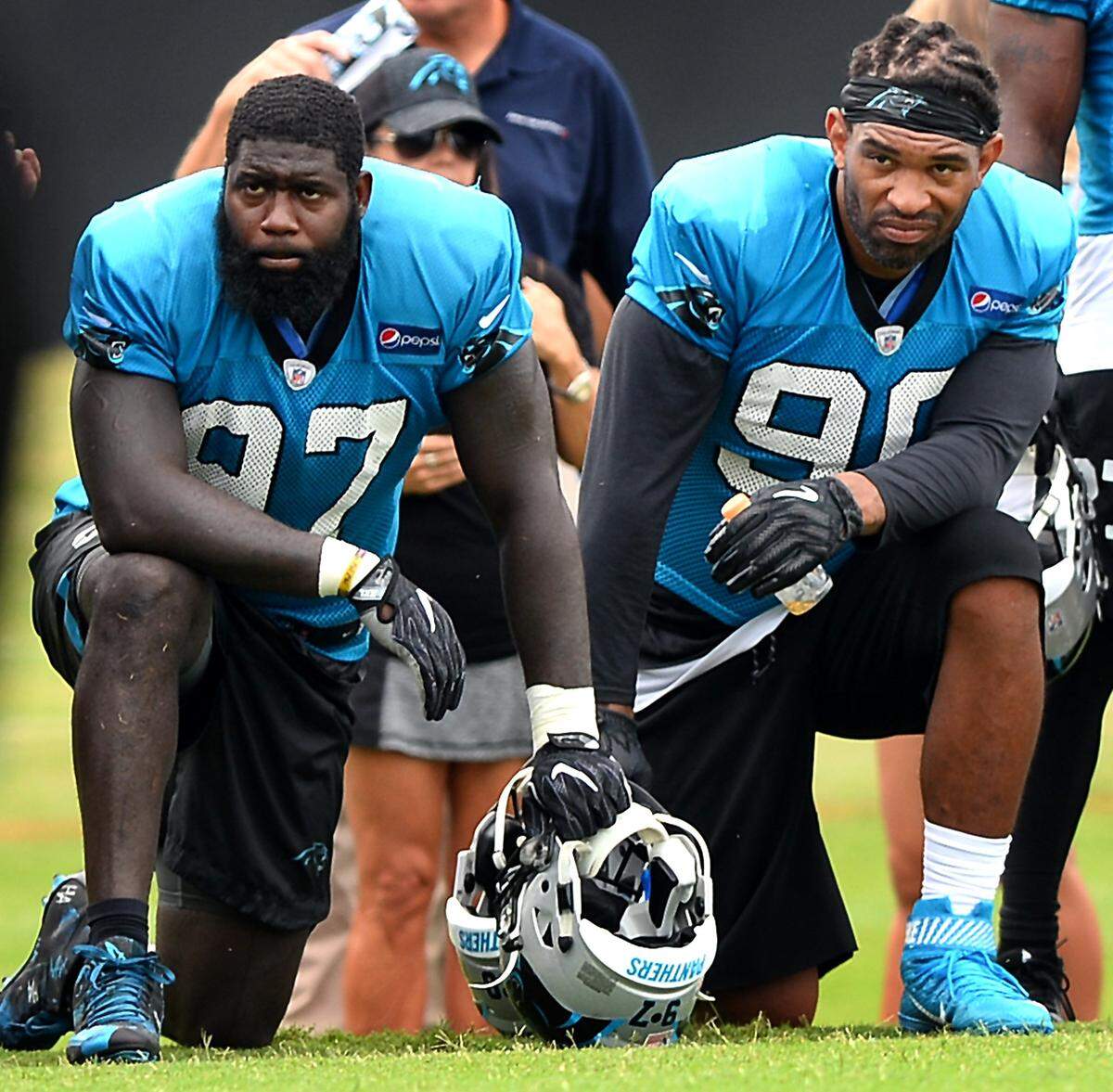 Carolina Panthers defensive ends Mario Addison, left and Julius Peppers, right, are bookends on the team’s defensive line, and tied for the team lead in sacks with 11 a season ago.
