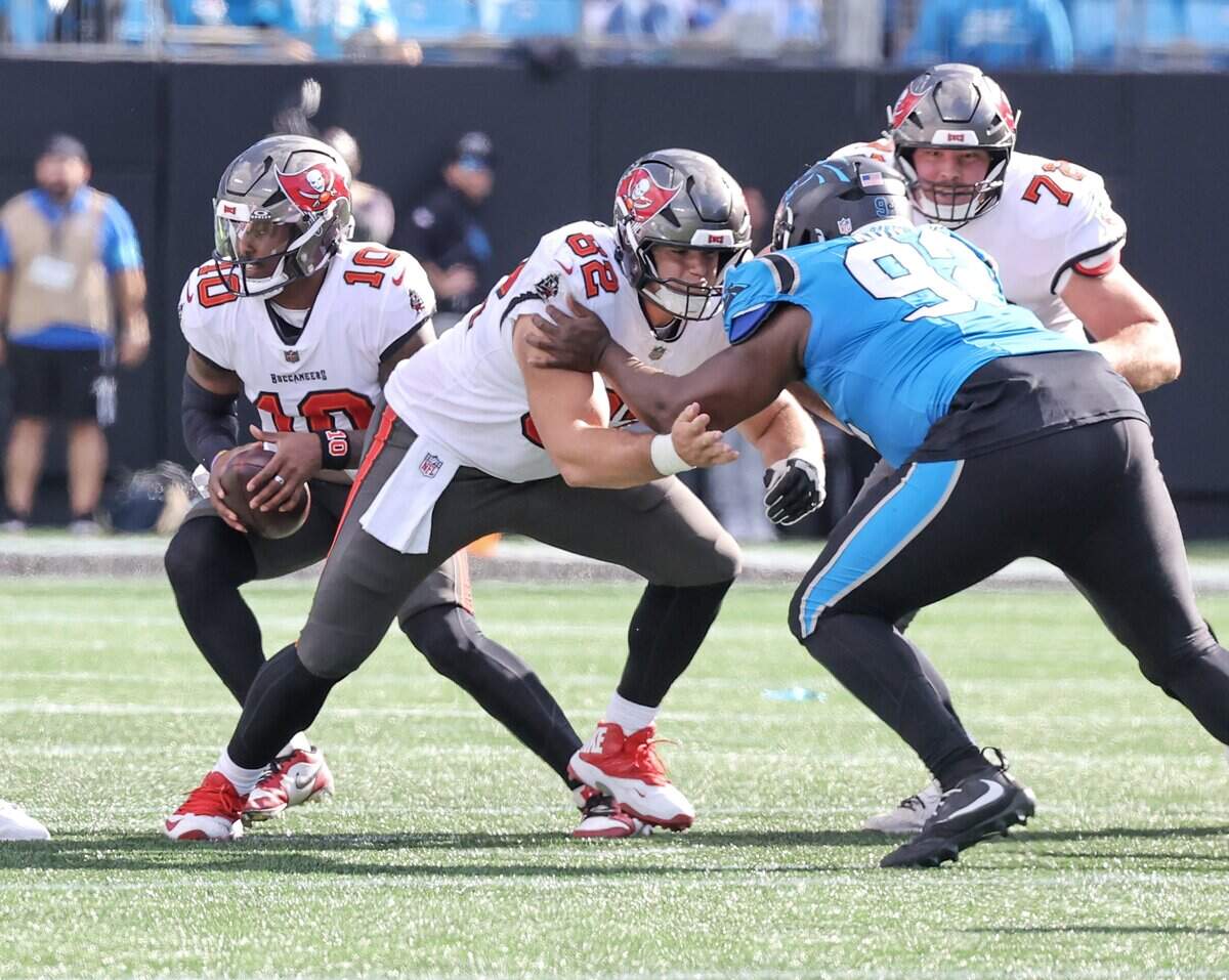 Tampa Bay Buccaneers quarterback Jalon Daniels looks downfield during the game against the Carolina Panthers on Sunday, Oct. 25, 2026 at Bank of America Stadium in Charlotte.