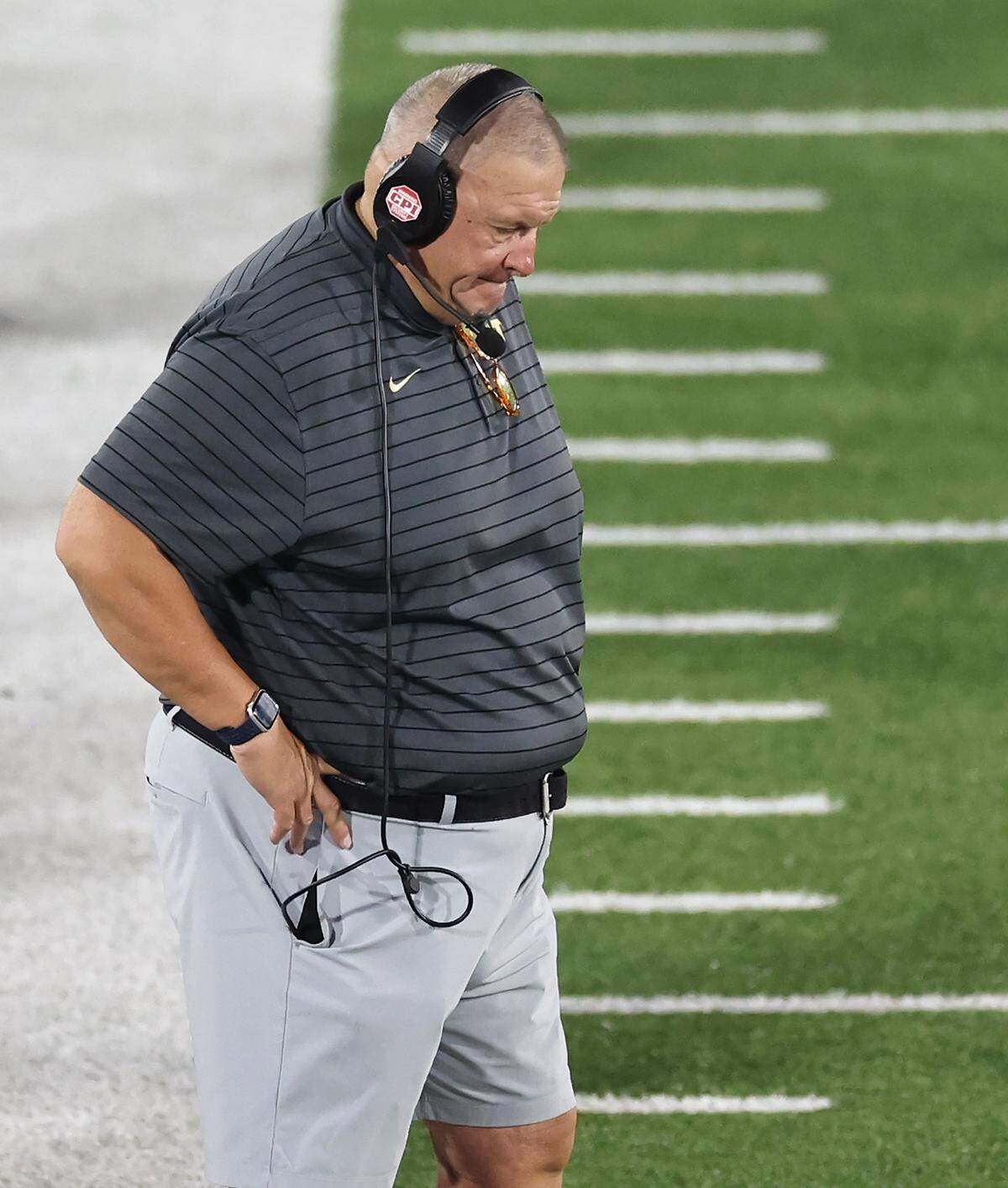 Charlotte 49ers head coach Biff Poggi stands along the team’s sideline during action against James Madison University on Saturday, August 31, 2024 at Jerry Richardson Stadium.