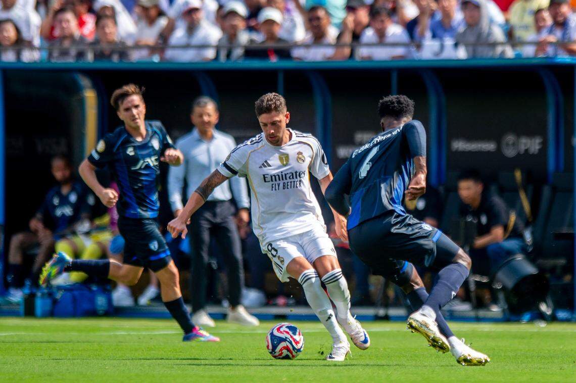 Federico Valverde dribbles the ball away during the FIFA Club World Cup game between Real Madrid and Pachuca in Charlotte, NC, Sunday, June 22, 2025.