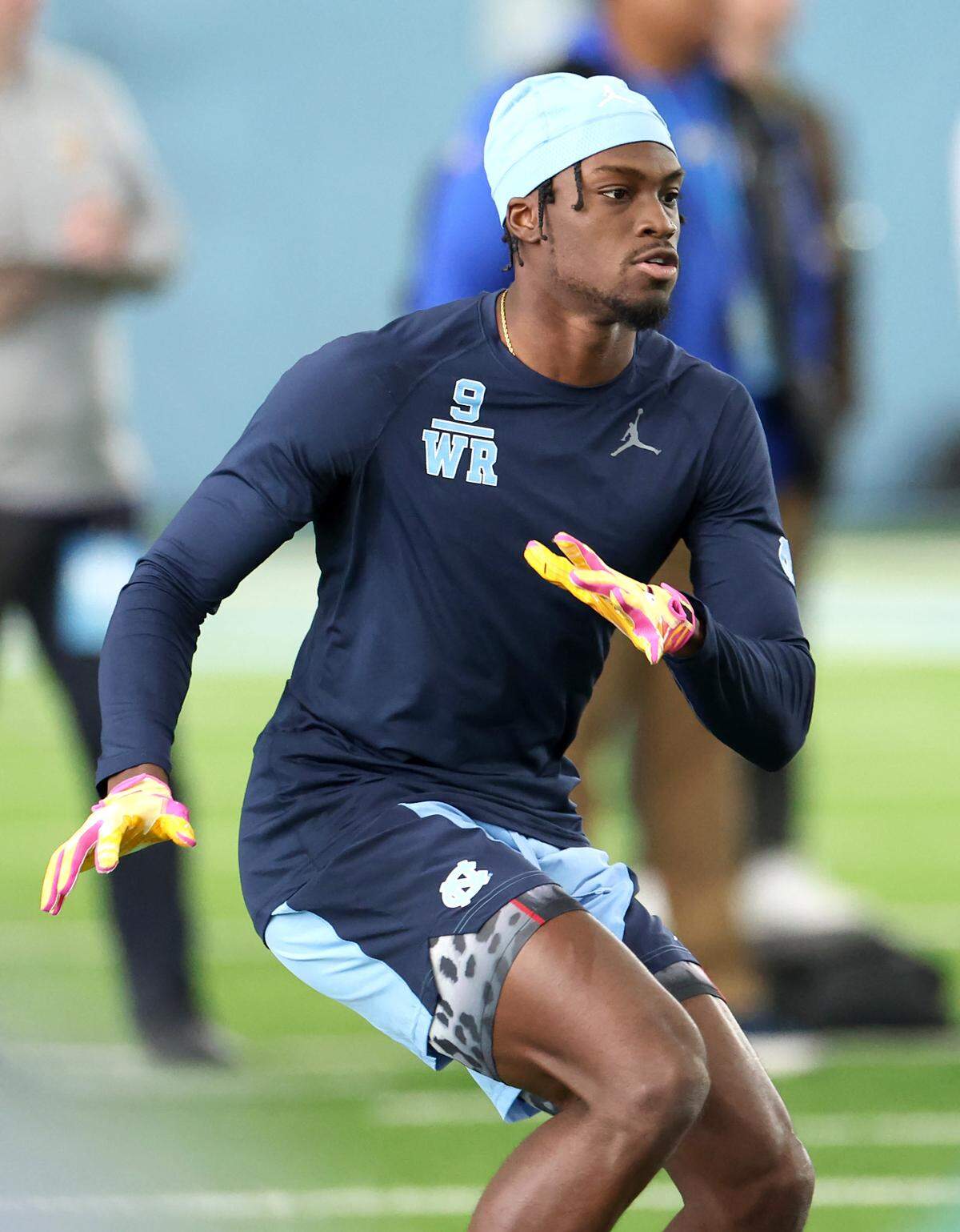 Wide receiver Tez Walker breaks off the line as he looks to catch a pass during the Carolina Football Pro Day at UNC Chapel Hill’s Koman Indoor Practice Facility on Thursday, March 28, 2024.