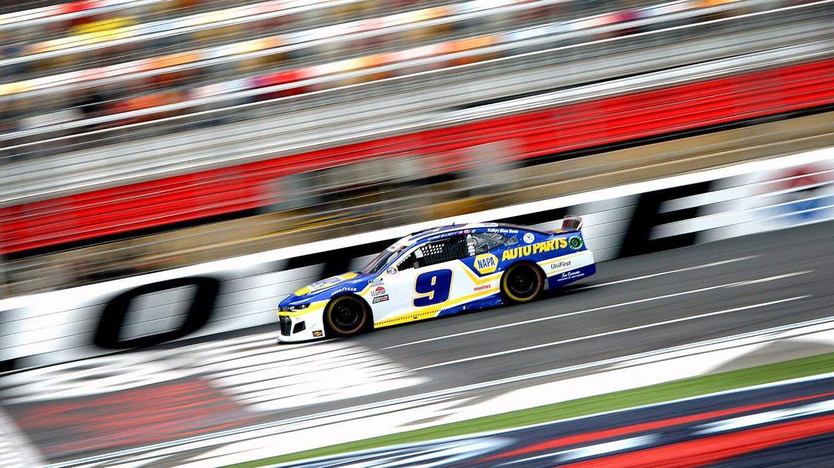 NASCAR Cup driver Chase Elliott blurs past the front grandstand at Charlotte Motor Speedway in Concord, NC on Friday, May 28, 2021. Elliott has been the sports most popular driver for three straight years and will be competing to win the Coca-Cola 600 on Sunday, May 30, 2021.
