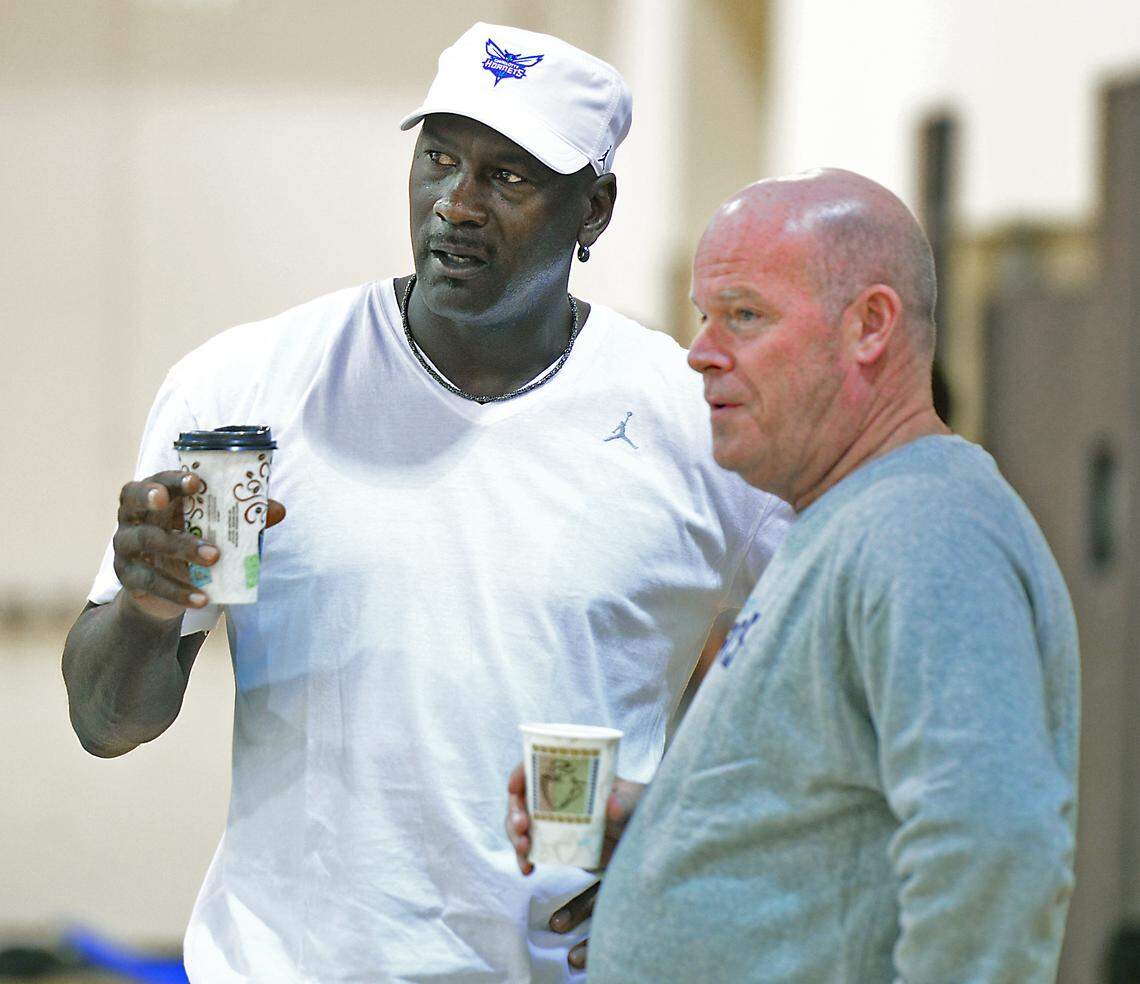 Hornets Chairman, Michael Jordan talks with head coach Steve Clifford during pre-draft workout at the Hornets’ practice facility in Charlotte Wednesday, June 17, 2015.