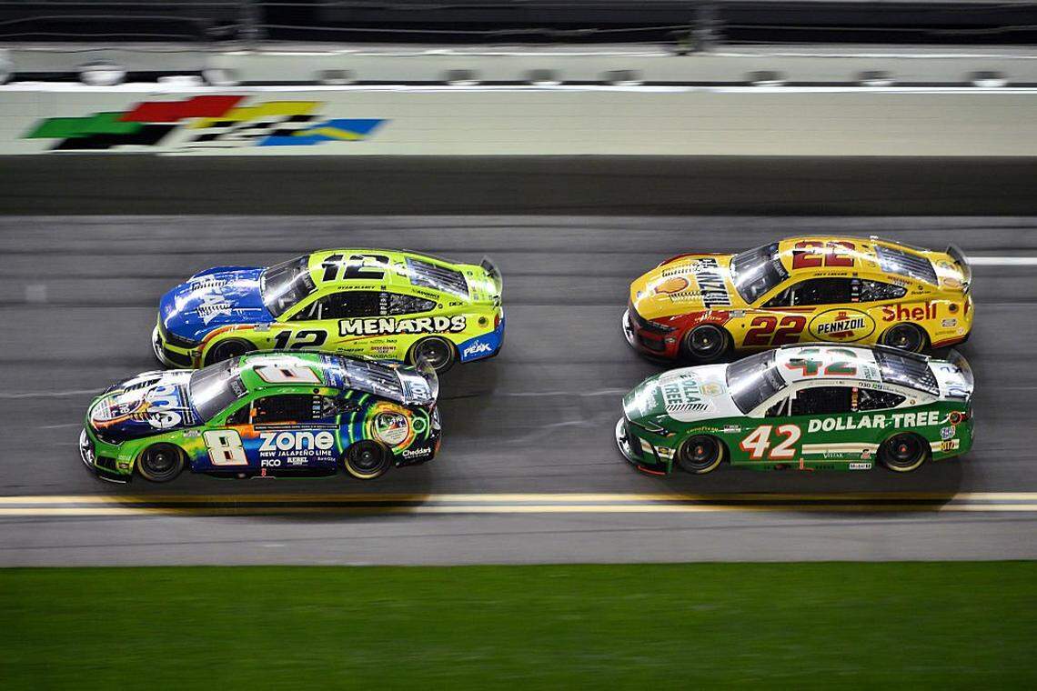 Kyle Busch, driver of the #8 zone Jalapeno Lime Chevrolet, Ryan Blaney, driver of the #12 Menards/Peak Ford, John H. Nemechek, driver of the #42 Dollar Tree Toyota, and Joey Logano, driver of the #22 Shell Pennzoil Ford, race during Duel 1 for the NASCAR Cup Series Daytona 500 at Daytona International Speedway on Feb. 12, 2026 in Daytona Beach, Florida.