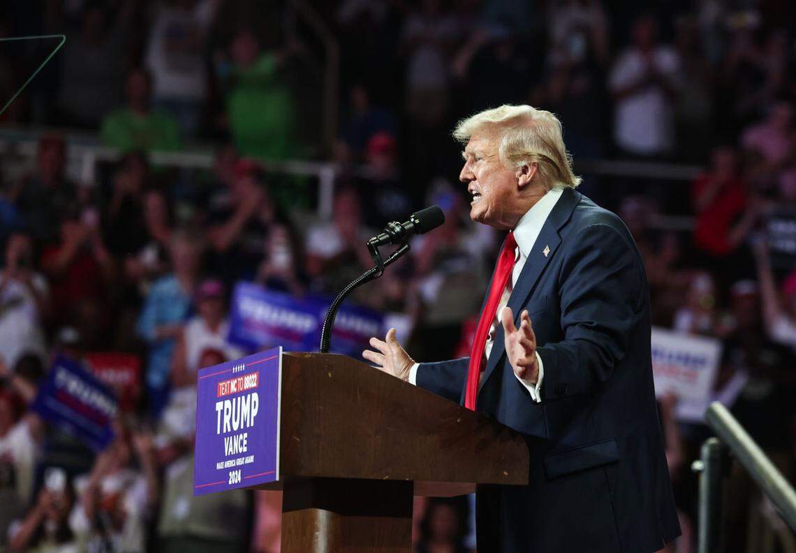 Former President Donald Trump speaks to the crowd during a rally inside the Bojangles Coliseum in Charlotte on Wednesday, July 24, 2024.
