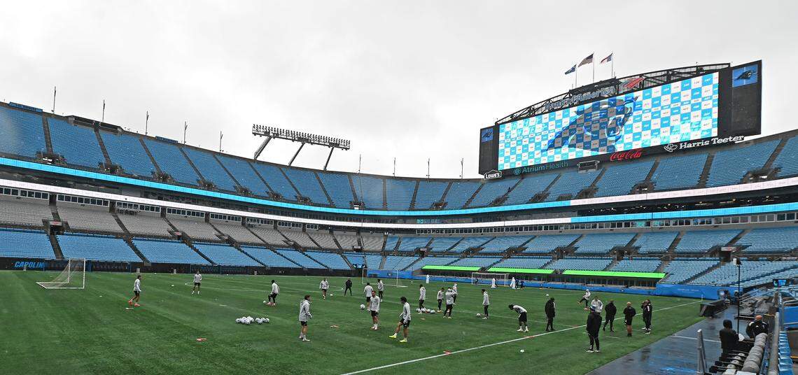 Charlotte FC practices on the pitch Monday at Bank of America Stadium. Work crews worked throughout Sunday and Monday to ready the stadium for the transformation from football venue to hosting an opening-round game in the MLS playoffs.