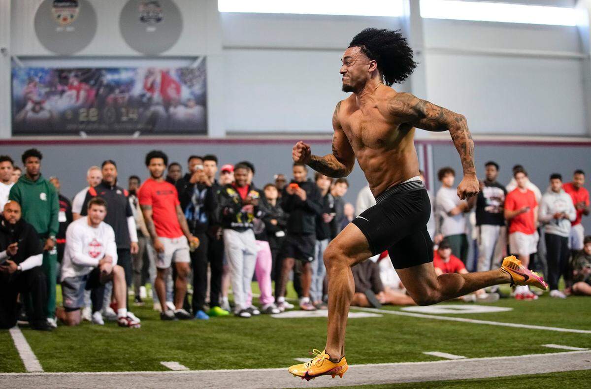 Ohio State Buckeyes safety Lathan Ransom runs the 40 during the pro day for NFL scouts at the Woody Hayes Athletic Cente on March 26, 2025.