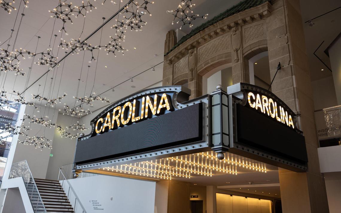The original facade for the Carolina Theatre. sits inside the lobby of the newly renovated space, which opens on March 24. The facade was found in pieces and restored.