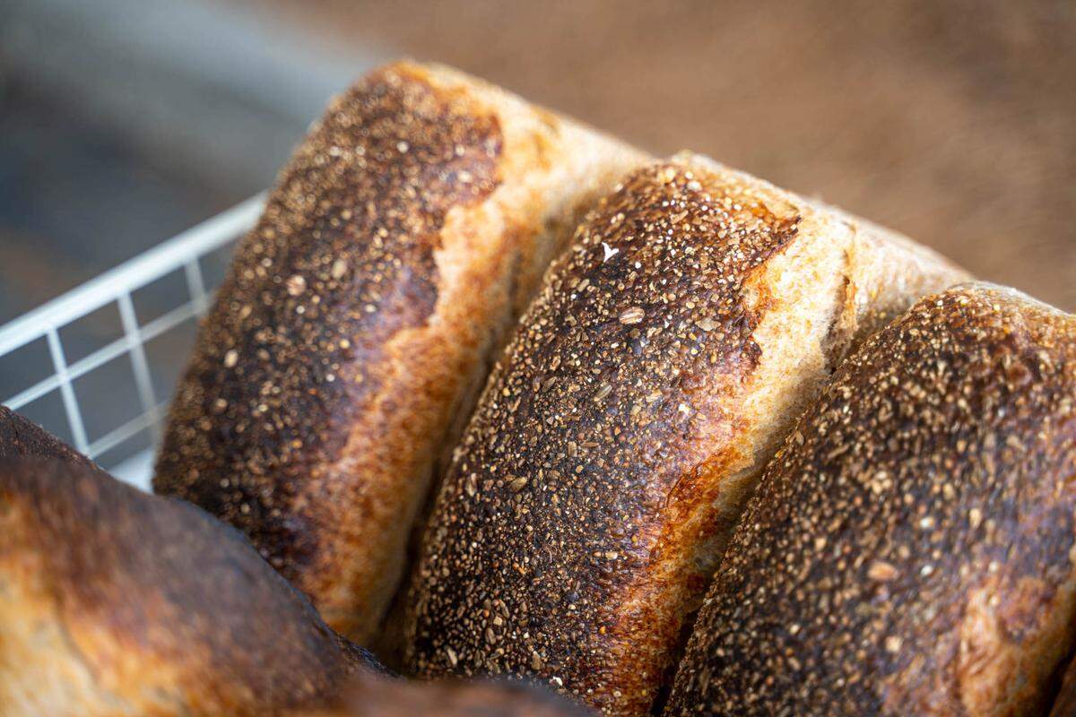 Fresh loaves of Verdant bread, ready to sell.