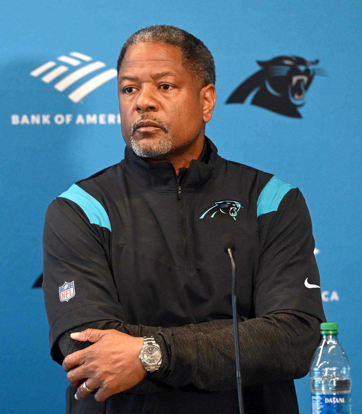 Carolina Panthers Interim head coach Steve Wilks listens to a question from the media on Monday, January 9, 2023 at Bank of America Stadium in Charlotte, NC. Panthers players packed up their lockers following the conclusion of the team’s season on Sunday, January 8, 2023 with a victory over the New Orleans Saints. Wilks went 6-6 over 12 games with the Panthers.