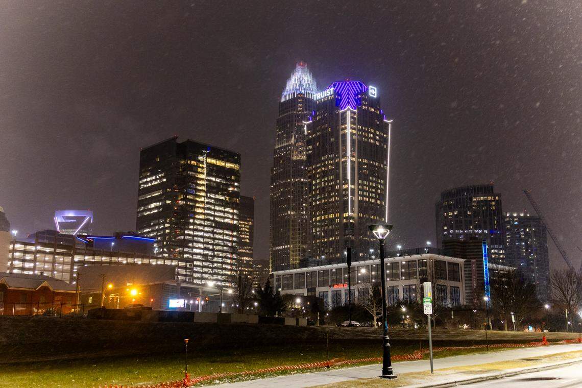 Snow in uptown Charlotte on Jan. 21, 2025.
