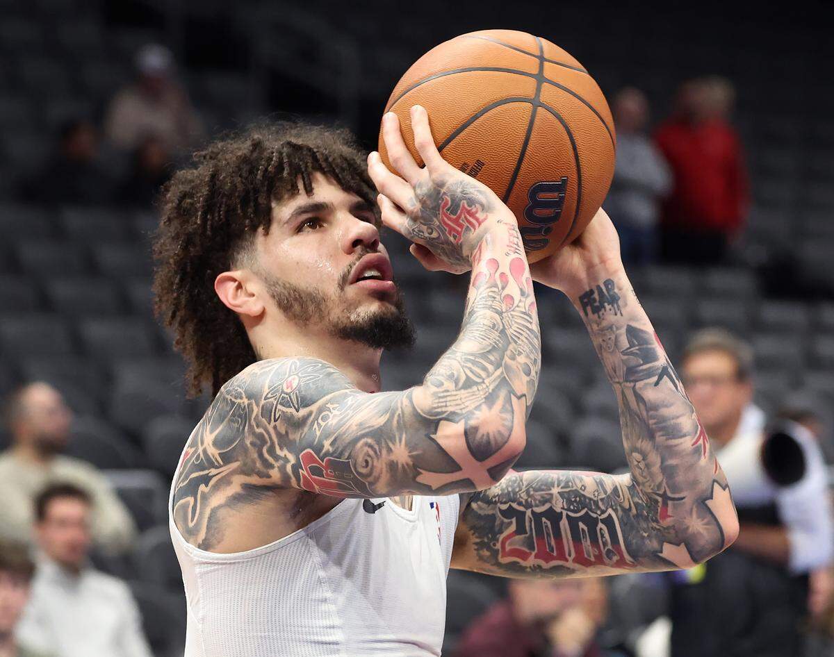 Charlotte Hornets guard LaMelo Ball warms up prior to the game against the Houston Rockets at Spectrum Center in Charlotte, North Carolina, on Feb. 19, 2026. Ball was involved in a car accident Feb. 18 at the intersection of Trade and Tryon streets. 