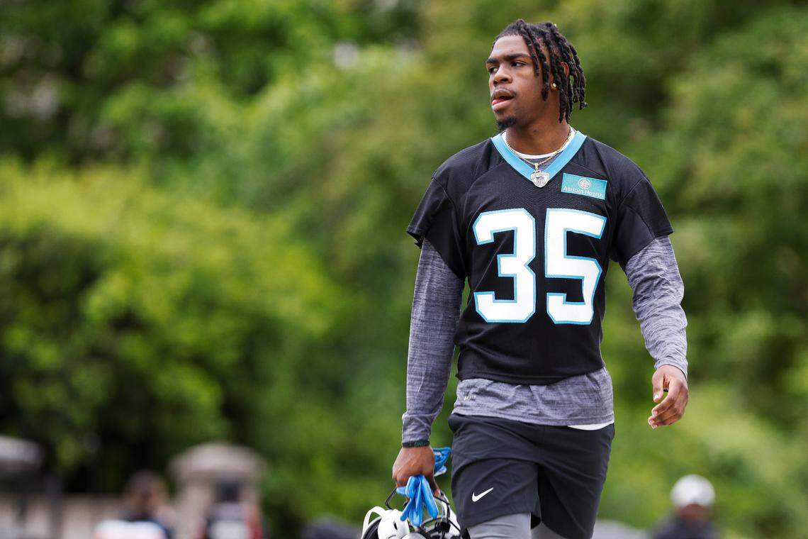 Carolina Panthers cornerback Kalon Barnes (35) walks to practice during rookie minicamp at the Panthers practice field in Charlotte, N.C., Friday, May 13, 2022.