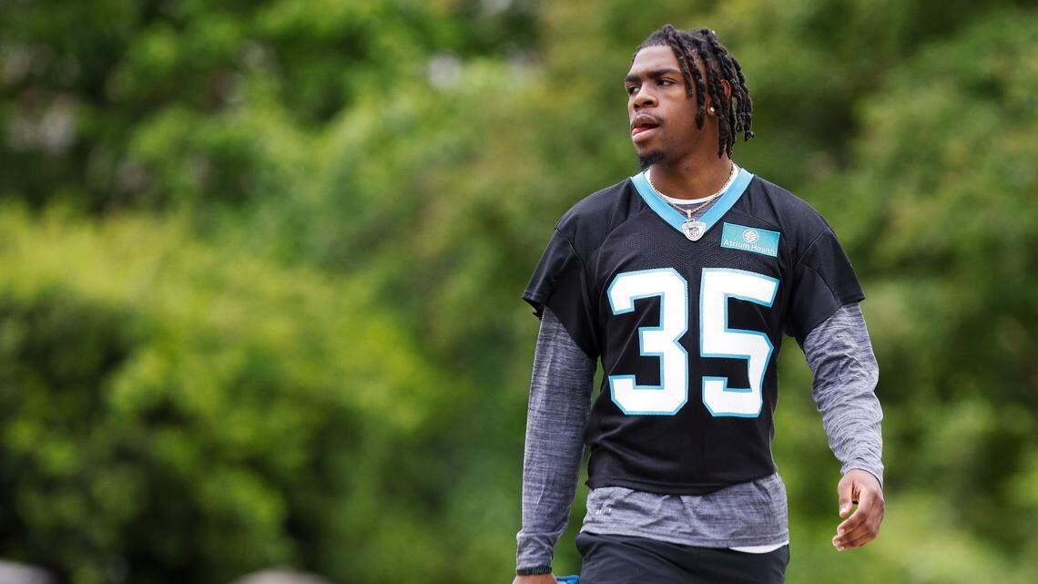 Carolina Panthers cornerback Kalon Barnes (35) walks to practice during rookie minicamp in Charlotte last week.