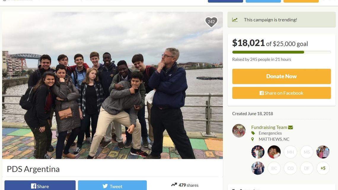 Ten Providence Day students and two faculty members pose on their 2018 summer trip to Argentina. The group was involved in a bus crash in Buenos Aires on Sunday.