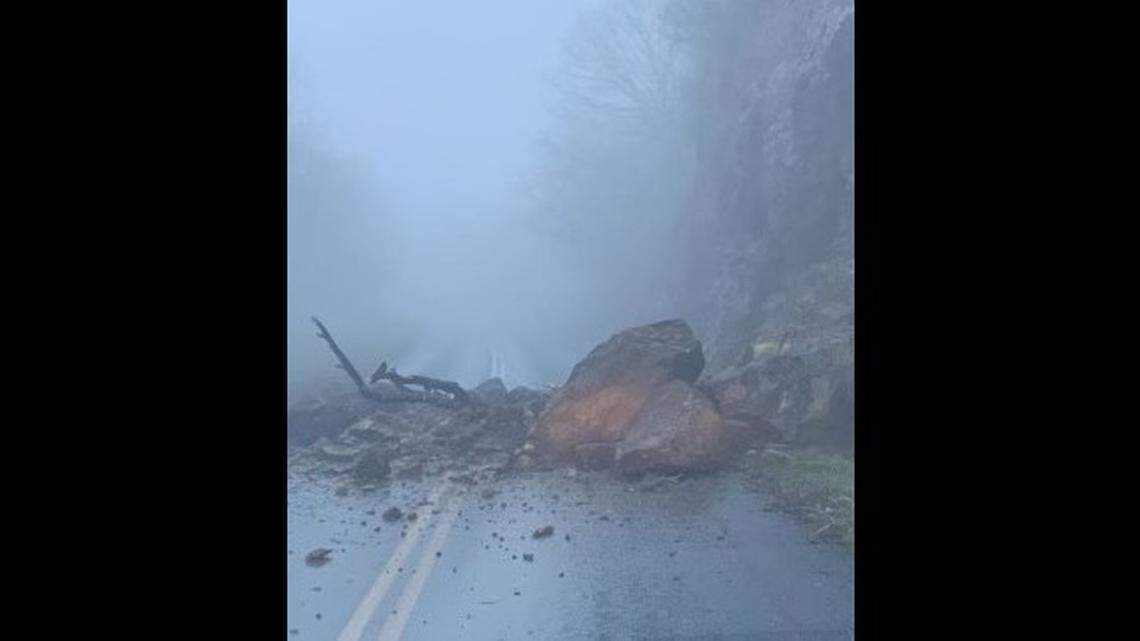 A 14-mile section of the Blue Ridge Parkway is closed in the North Carolina mountains after a rock slide was found across both lanes of traffic, according to the National Park Service.