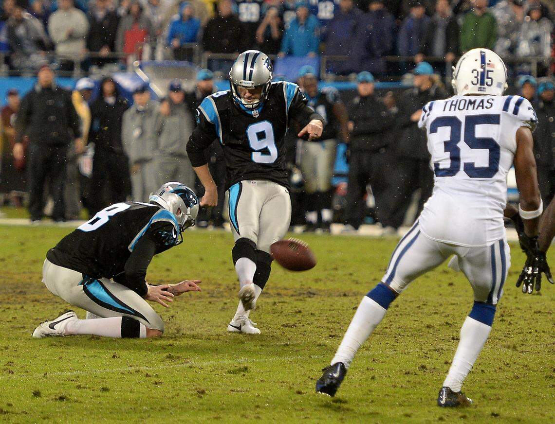 Carolina Panthers kicker Graham Gano kicks the game-winning field goal from 52 yards out in overtime to defeat the Indianapolis Colts 29-26 on Monday Night Football on Nov. 2, 2015, at Bank of America Stadium.