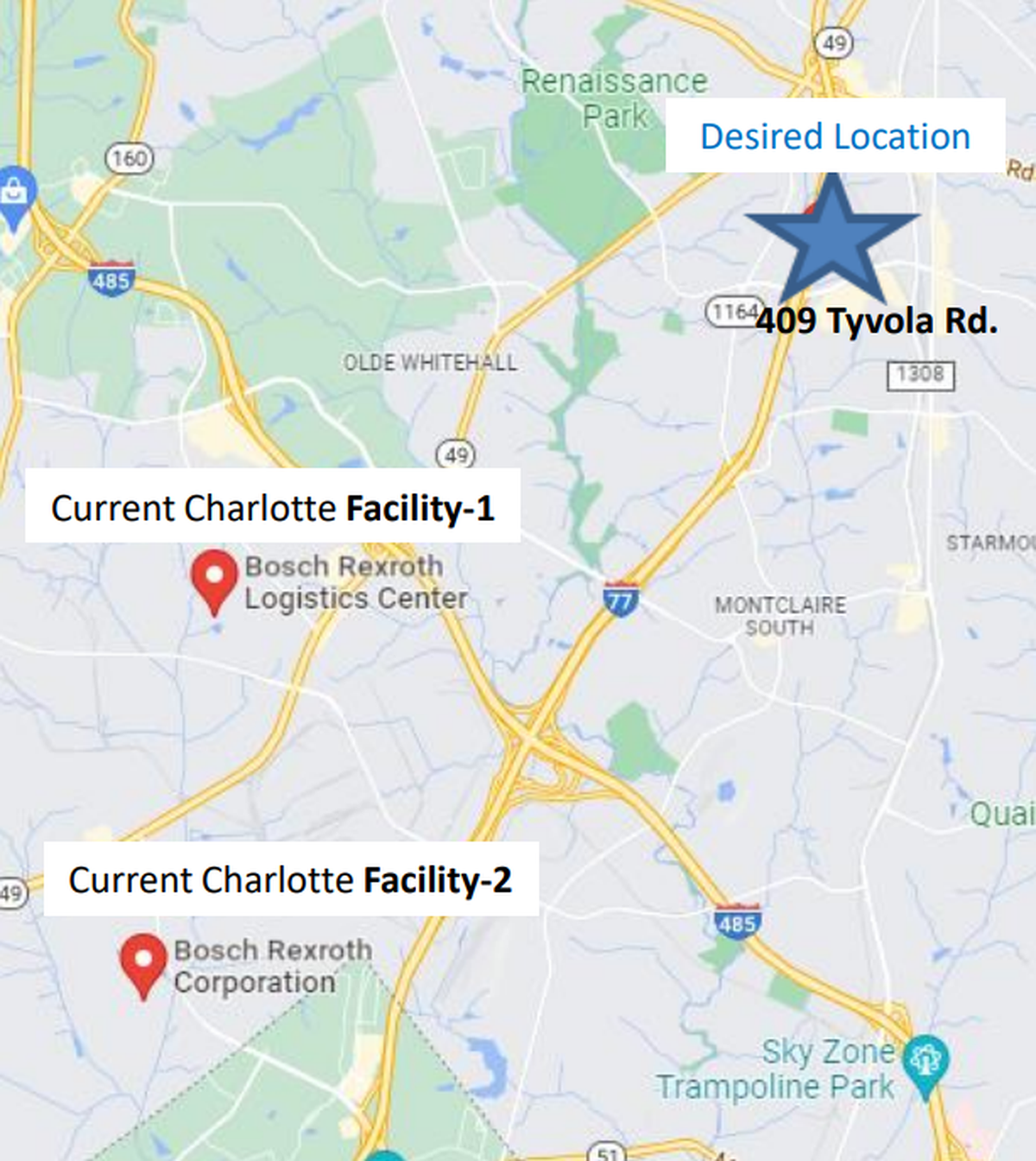 This map shows where existing Bosch Rexroth facilities exist in Charlotte and the star marks where the manufacturing company is seeking to combine its two facilities into one new one.