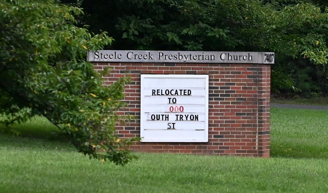 The former Steele Creek Presbyterian Church property at 7407 Steele Creek Road notating its move and merger with Pleasant Hill Presbyterian Church.