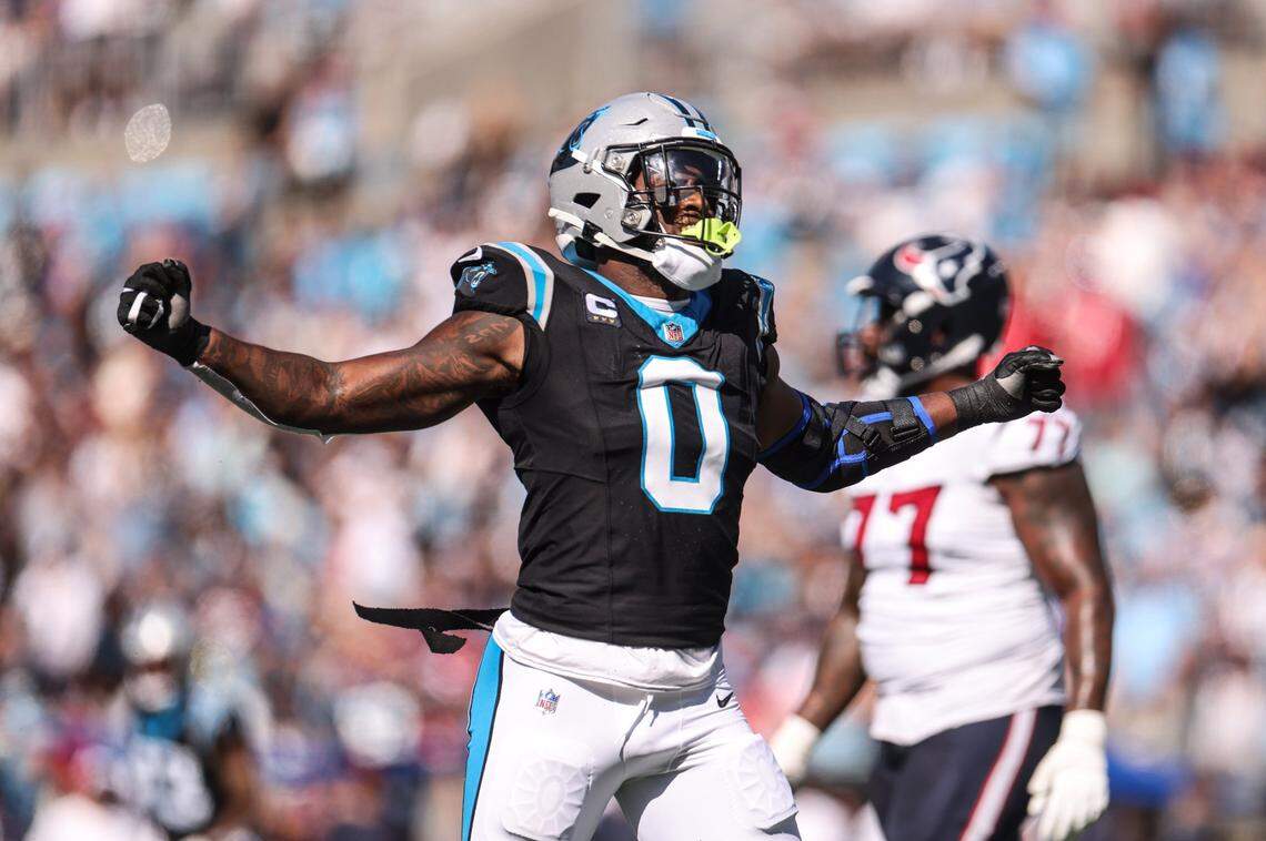 Carolina Panthers linebacker Brian Burns celebrates a sack against the Houston Texans at the Bank of America Stadium in Charlotte, N.C., on Sunday, October 29, 2023.