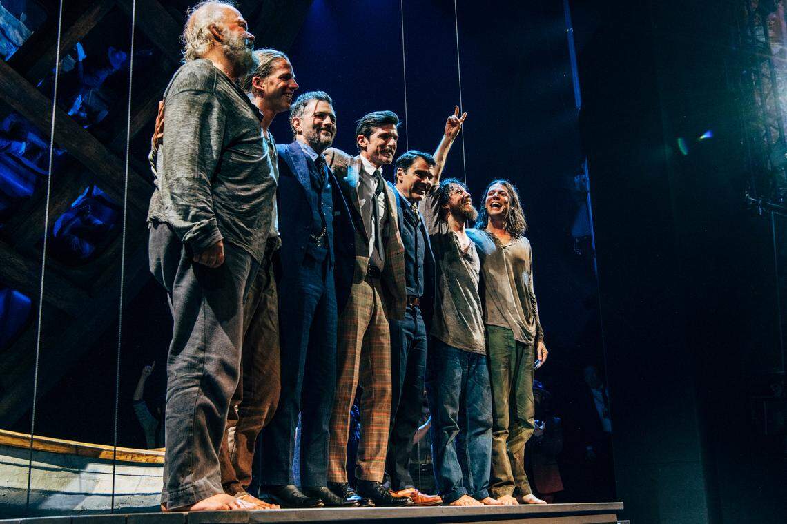 The Avett Brothers joined the leads of “Swept Away” for bows after joining them in a surprise reprise of the title song for the musical at its Broadway opening on Nov. 19.
