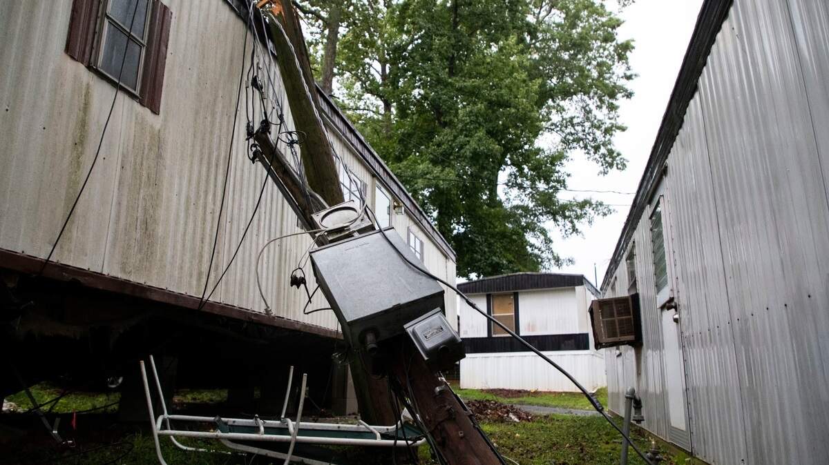Severe thunderstorms brought damaging winds, power outages, downed trees, potential for hail, tornadoes to Charlotte NC Monday, Aug. 7, 2023. FAA grounded CLT planes. A downed tree is seen at Shady Grove Mobile Home Park in Charlotte.