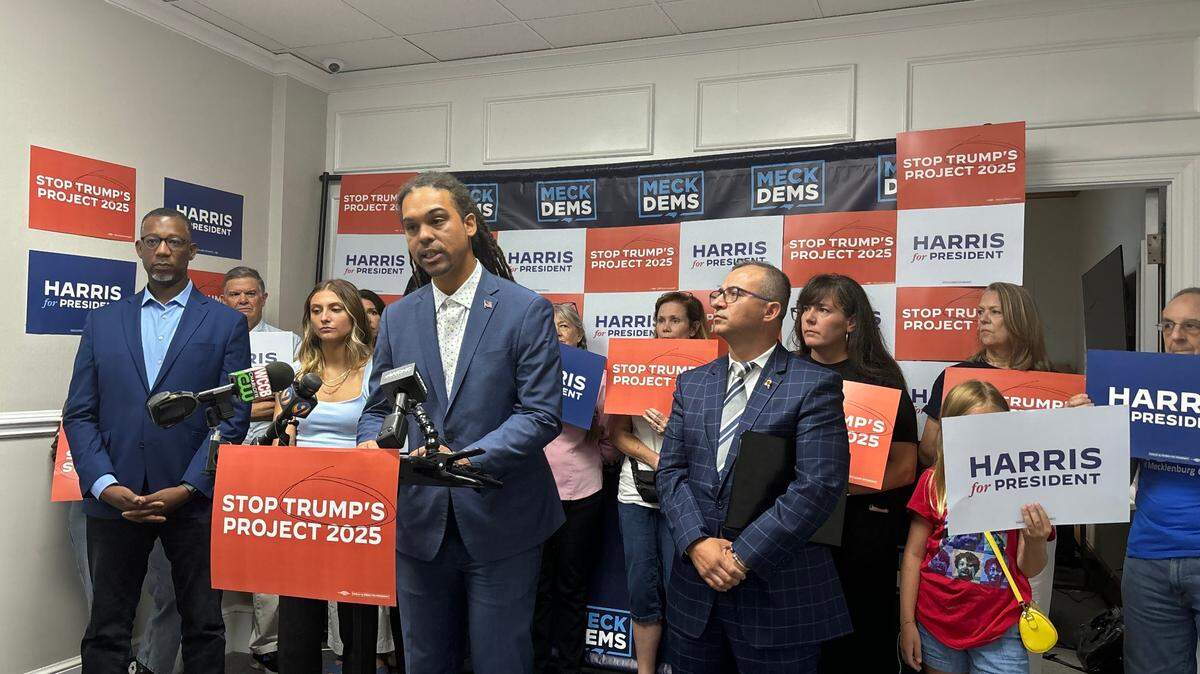 Braxton Winston, Democratic nominee for labor comissioner and former Charlotte mayor pro tem, speaks Wednesday during a news conference before a rally featuring President Donald Trump.