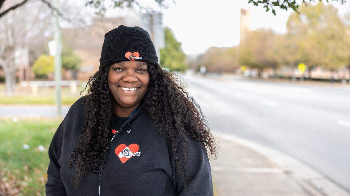 Jessica Lefkowitz, founder and executive director of the street outreach organization, Hearts for the Invisible, poses for a portrait by Beatties Ford Road in Charlotte, N.C., on Wednesday, December 3, 2025.