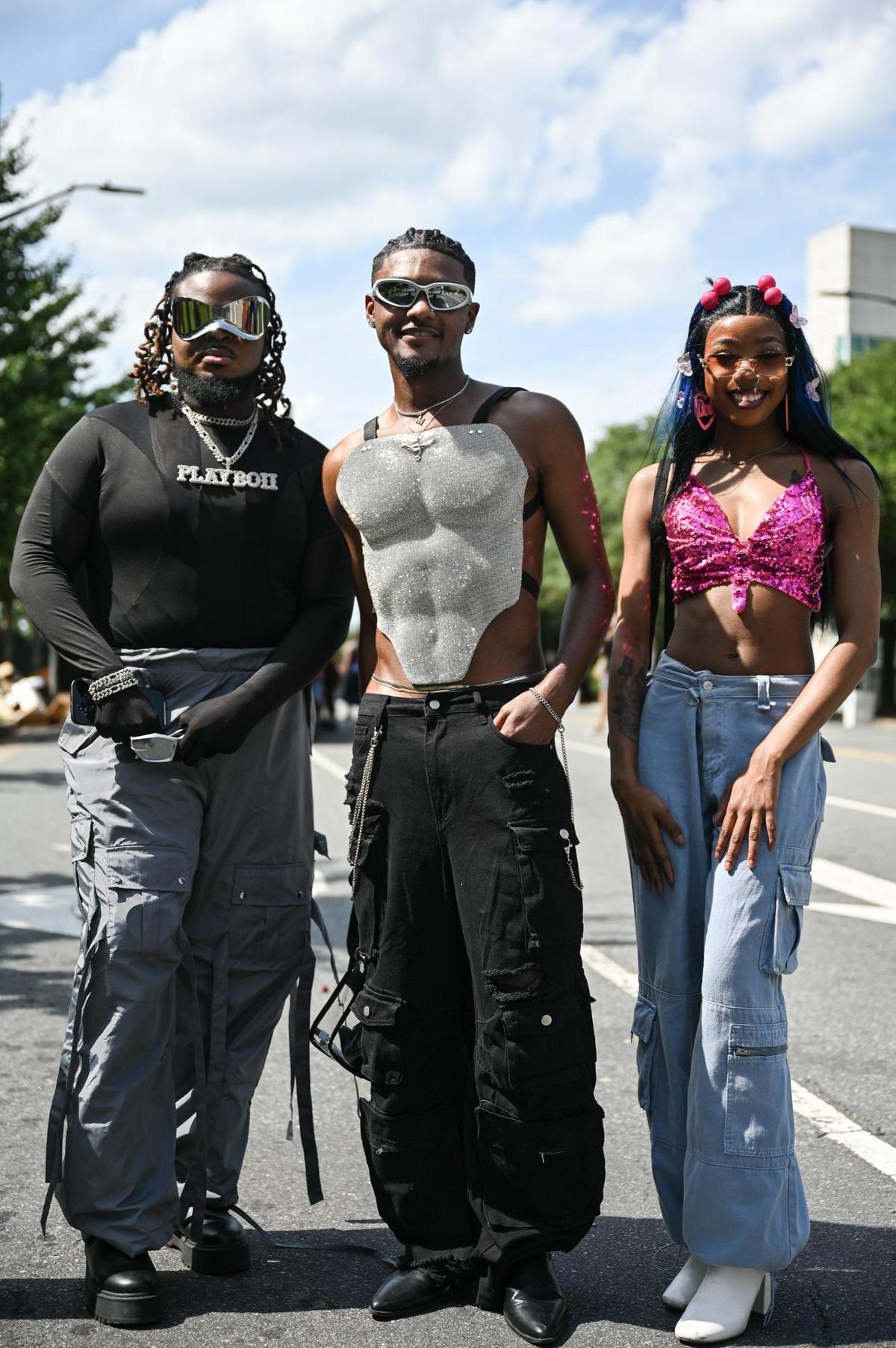 Carii Kingdom, left, Mikwon Williams, center, and Slim pose before seeing Beyonce tonight at Bank of America Stadium on Wednesday, August 9, 2023 in Charlotte, NC.