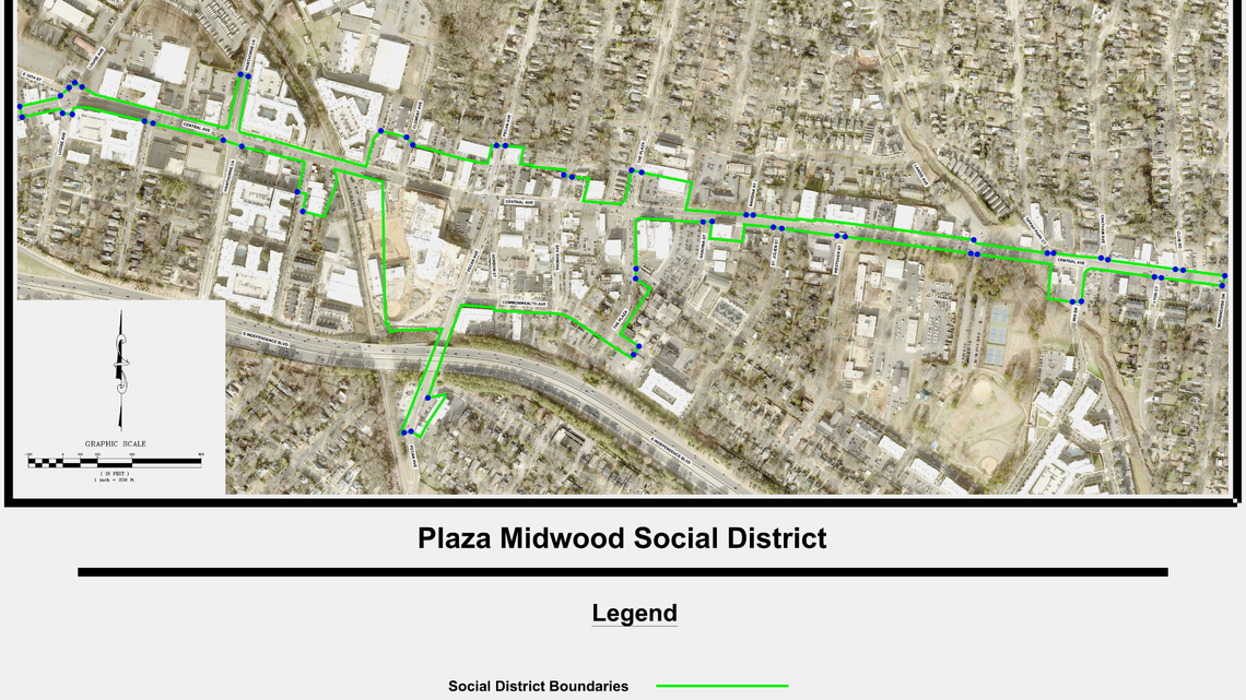 This map shows the proposed boundaries of the Plaza Midwood social district. The district would allow people to carry open containers of alcohol within its boundaries as long as the drinks are purchased from businesses that adhere to certain rules.