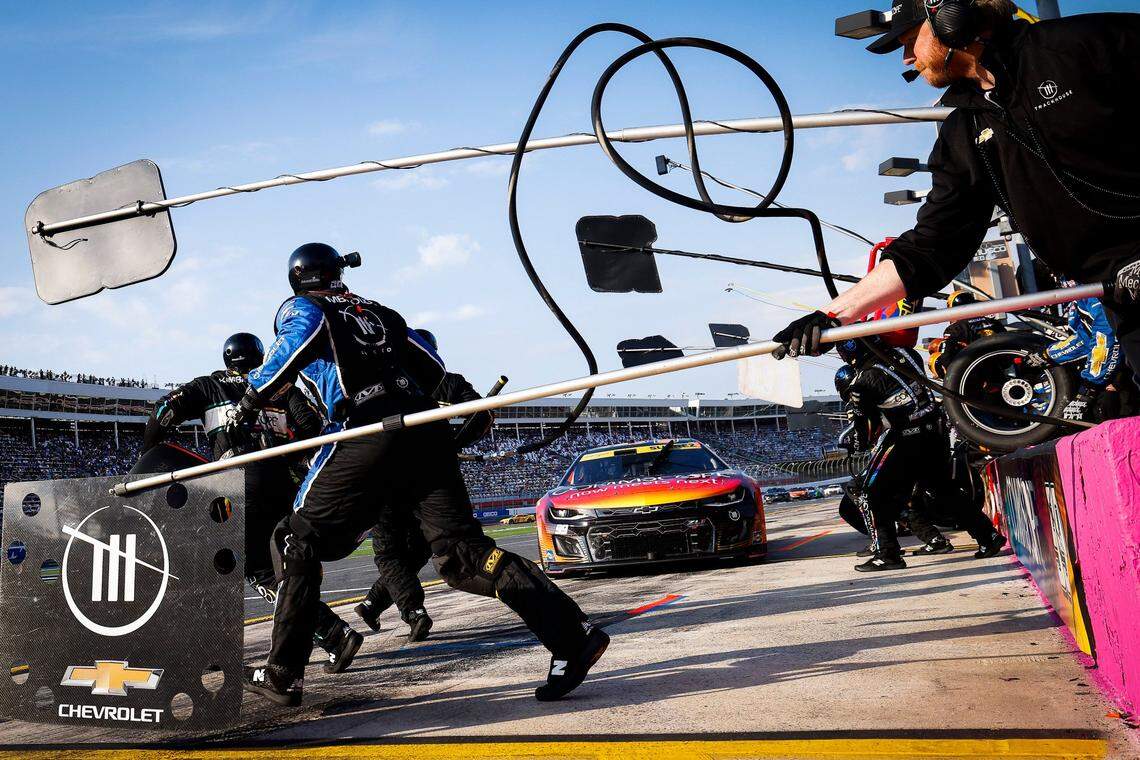 NASCAR Cup Series driver Daniel Suarez (99) pulls into the pits during the Bank of America Roval 400 at Charlotte Motor Speedway in Charlotte, N.C., Sunday, Oct. 9, 2022.