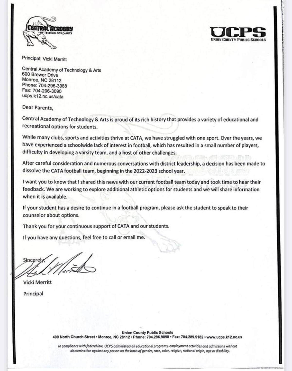 A letter from principal Vicki Merritt to the Central Academy parents and students
