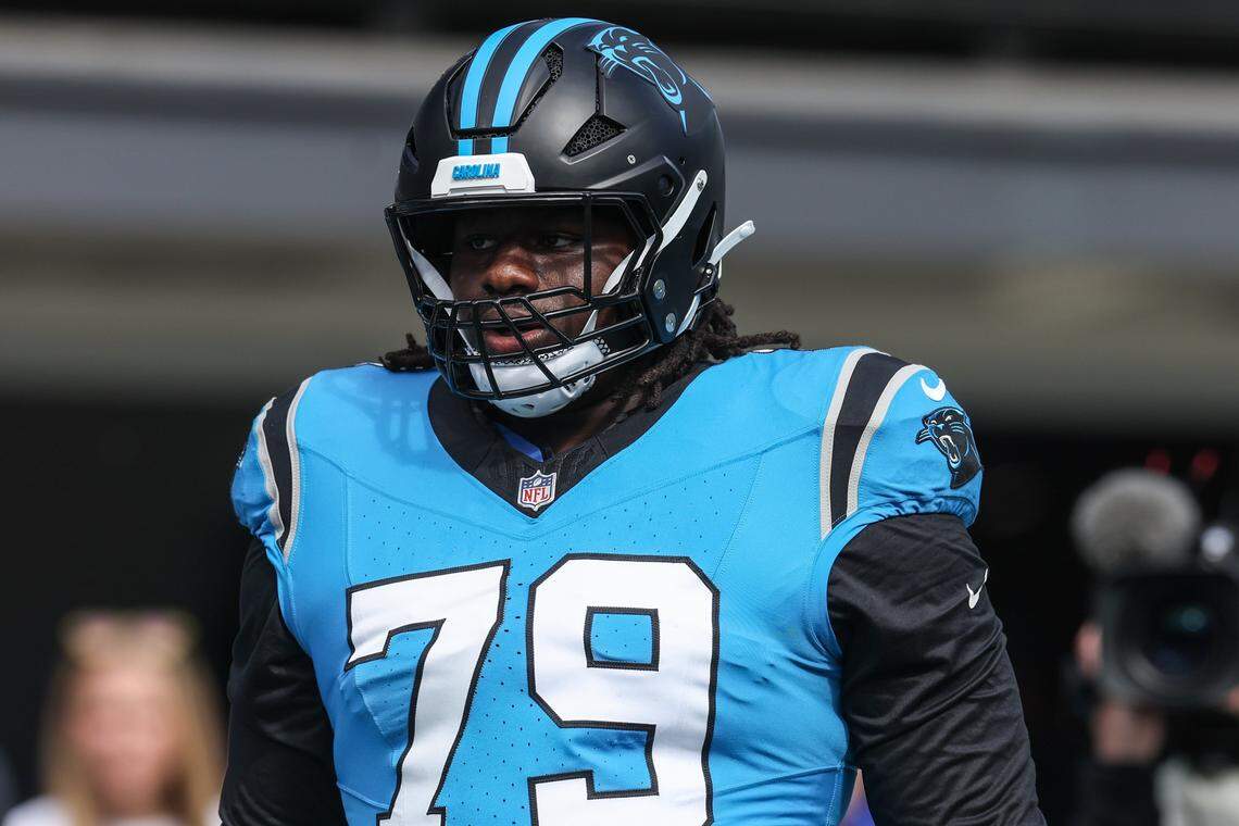Panthers tackle Ikem Ekwonu warms up before the game against the Bills the game at Bank of America Stadium in Charlotte, NC on Sunday, October 26, 2025.