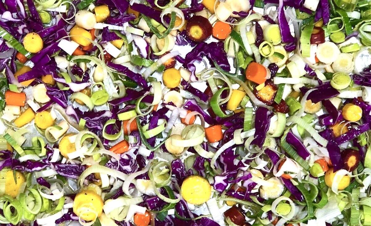 Jamie Brown said one of her favorite combinations of roasted veggies is leeks, tri-colored carrots and bits of purple cabbage with olive oil and salt on top. Roast at 425F for about 25-28 minutes, the restaurant co-owner recommended.