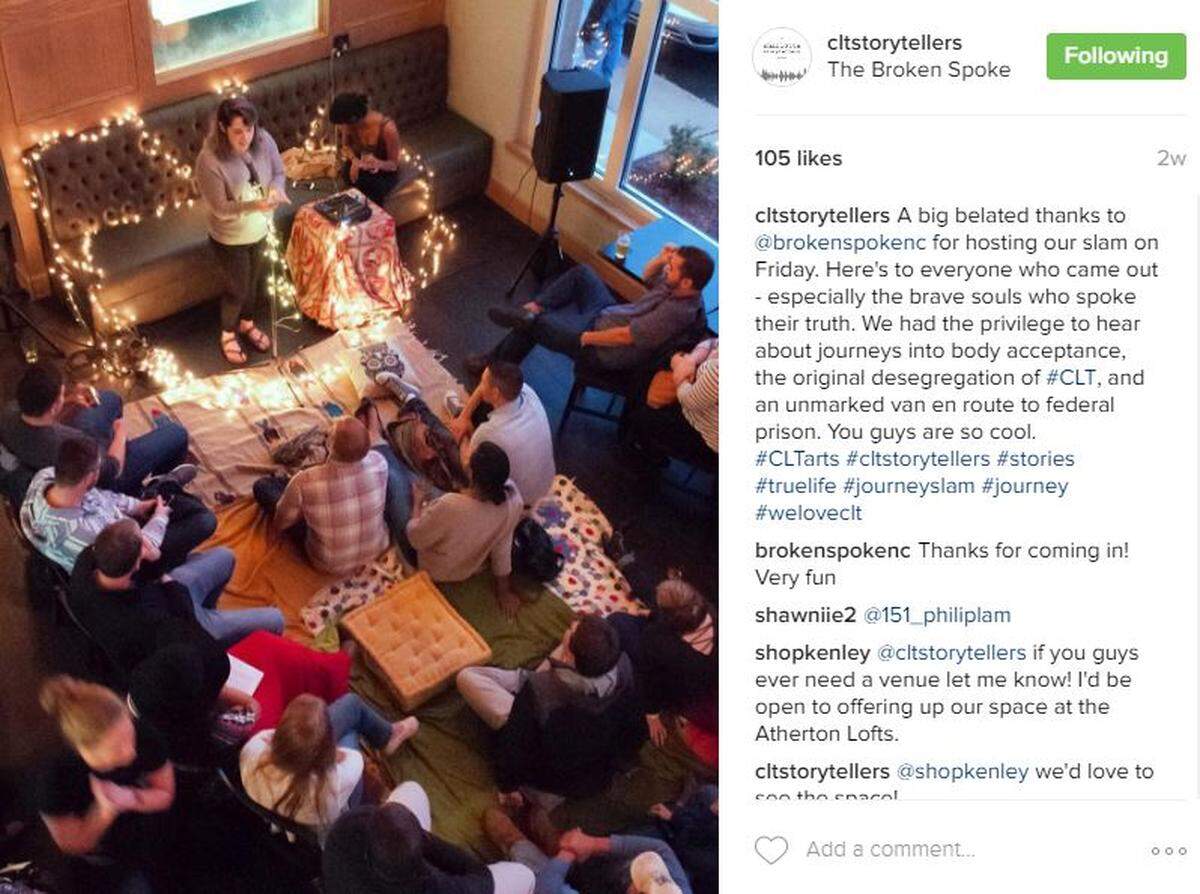 [An earlier version of this story misstated the next Charlotte Storytellers event. Tonight’s “The Great Indoors” storytelling event at Free Range Brewing is being hosted by The Crock by Rebecca Henderson.]