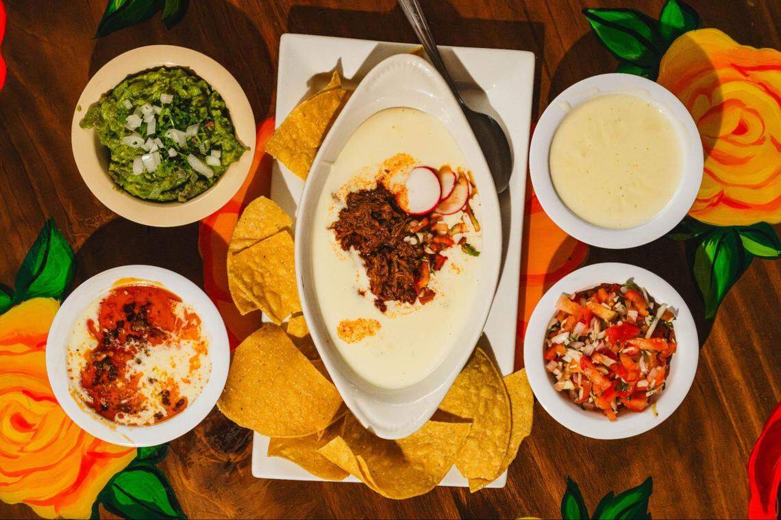 An overhead view shows a central dish of white queso topped with seasoned meat and radishes, surrounded by various appetizer bowls and tortilla chips. Side bowls containing guacamole, salsa, and creamy sauces are arranged on a table decorated with painted floral patterns.