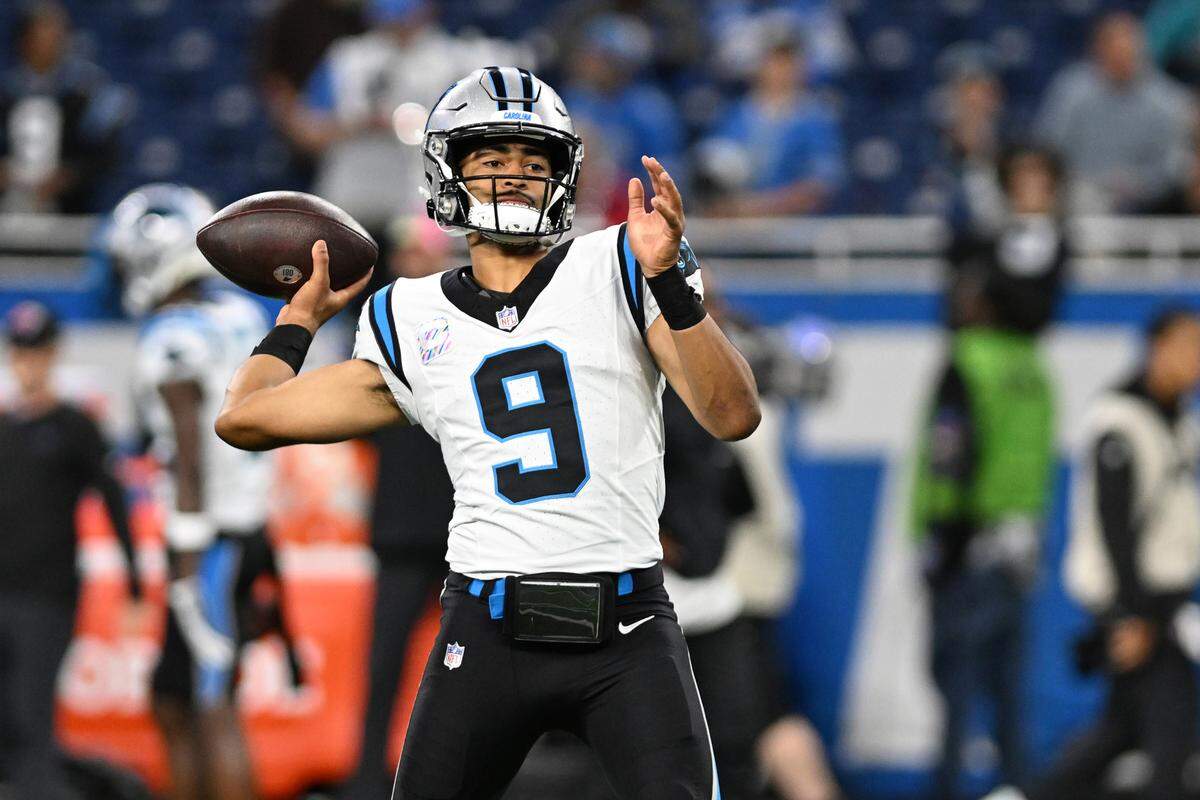 Oct 8, 2023; Detroit, Michigan, USA; Carolina Panthers quarterback Bryce Young (9) throws a pass during warm-ups before their game against the Detroit Lions at Ford Field.