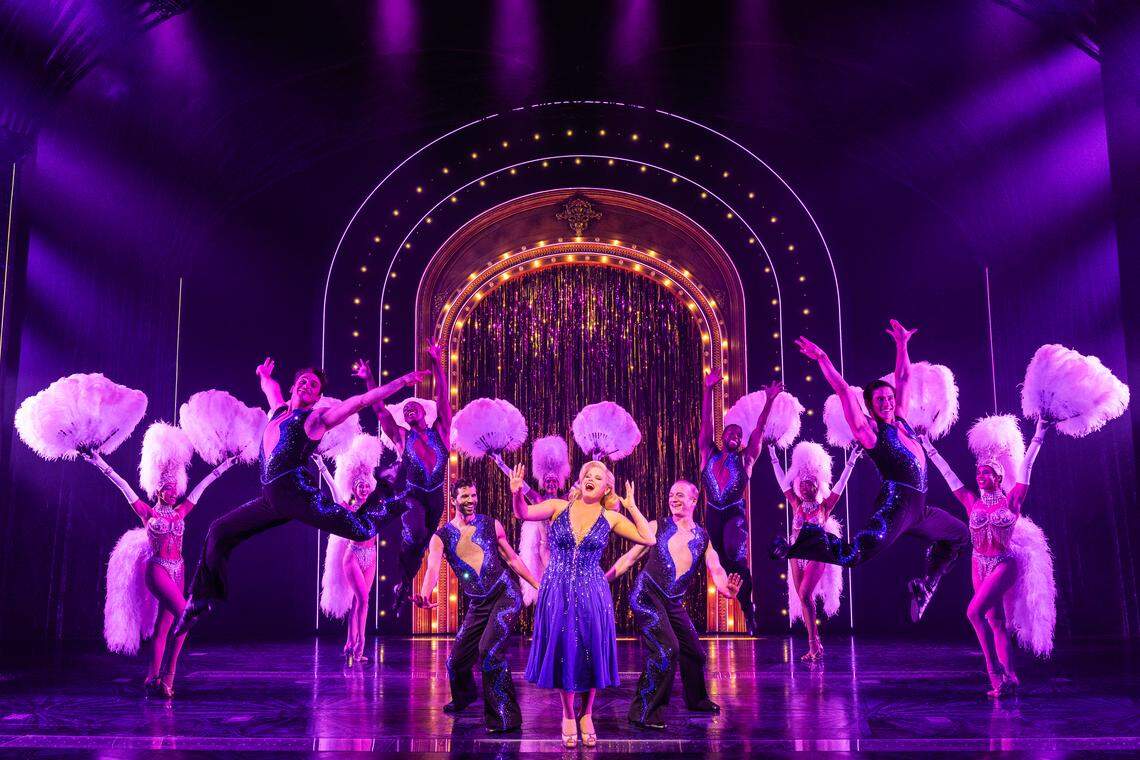 Megan Hilty, center, and the company of the original Broadway cast of “Death Becomes Her.” It has singing, dancing and a lot more stunts than your average musical.