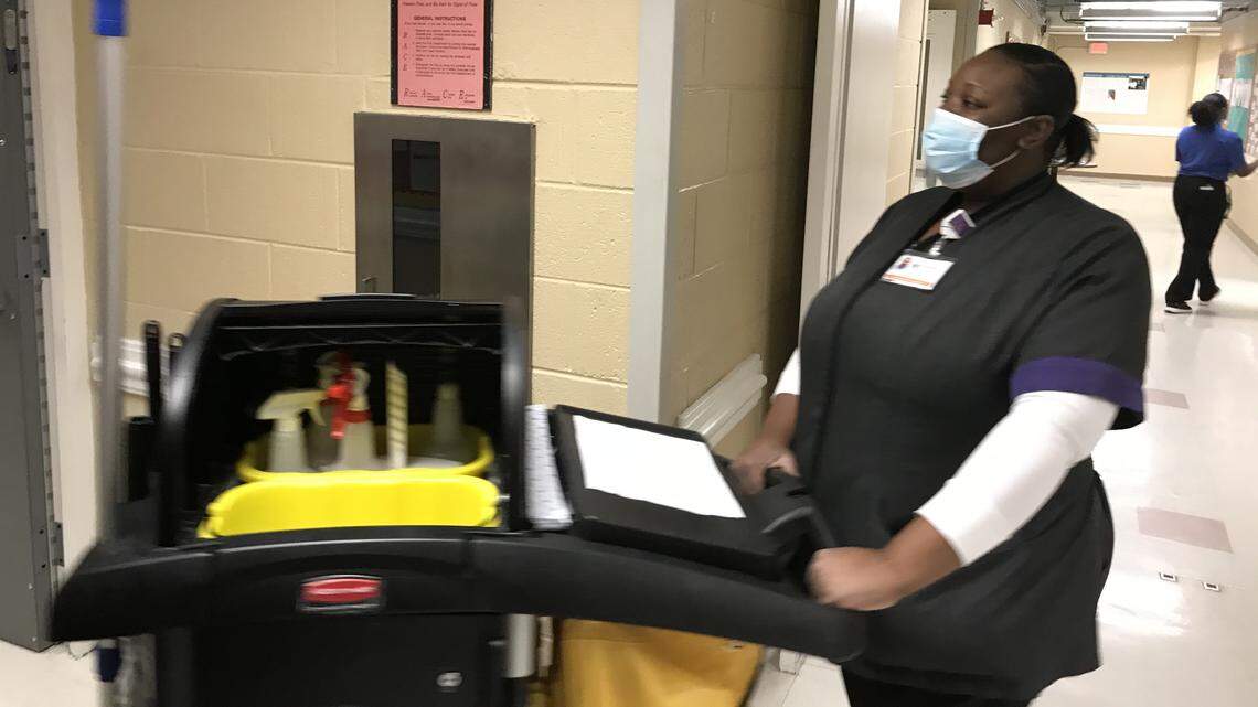 Jessica Barrett at work inside Novant Health Presbyterian Medical Center last week.