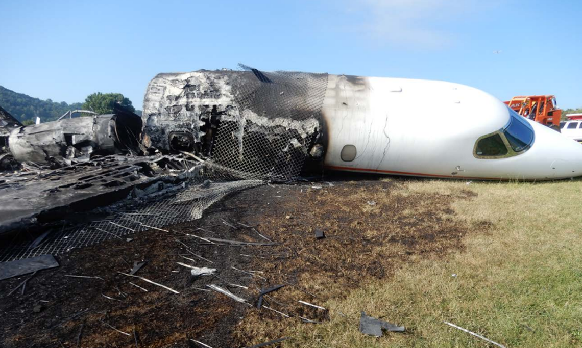 What’s left of the Cessna 680 business jet that was carrying Dale Earnhardt Jr., his wife, Amy, their daughter, Isla Rose, and their dog, Gus, sits on the runway of Elizabethton Municipal Airport on Aug. 15, 2019.