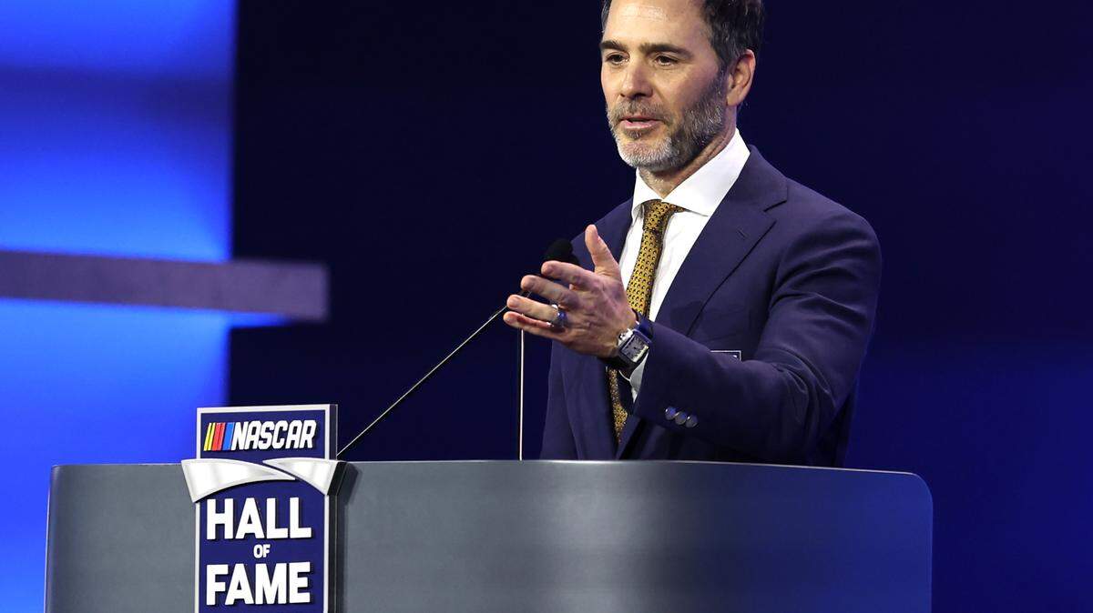 NASCAR Hall of Fame member Jimmie Johnson speaks during his Hall of Fame induction ceremony speech on Friday, January 19, 2024 in Charlotte, NC.