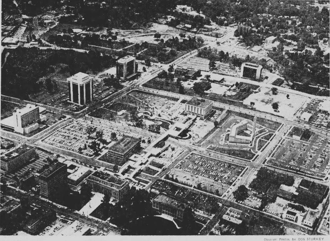 This 1973 image in The Charlotte Observer is an aerial view of the land that formerly contained the Brooklyn community. The courthouse is in the lower left center. Marshall Park is center left. The building then known as East Independence Plaza is in the top right.