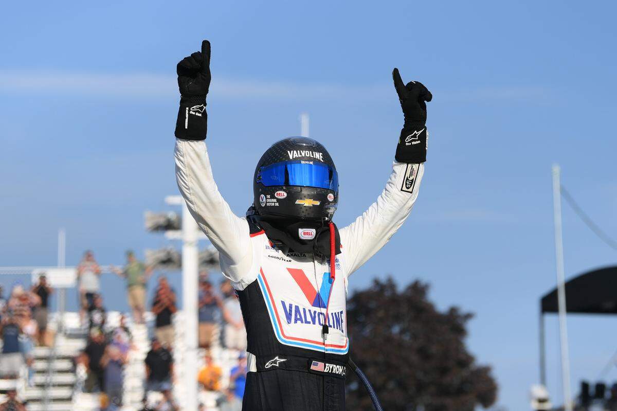 NASCAR Cup Series driver William Byron (24) celebrates his victory in the Go Bowling at The Glen at Watkins Glen International.