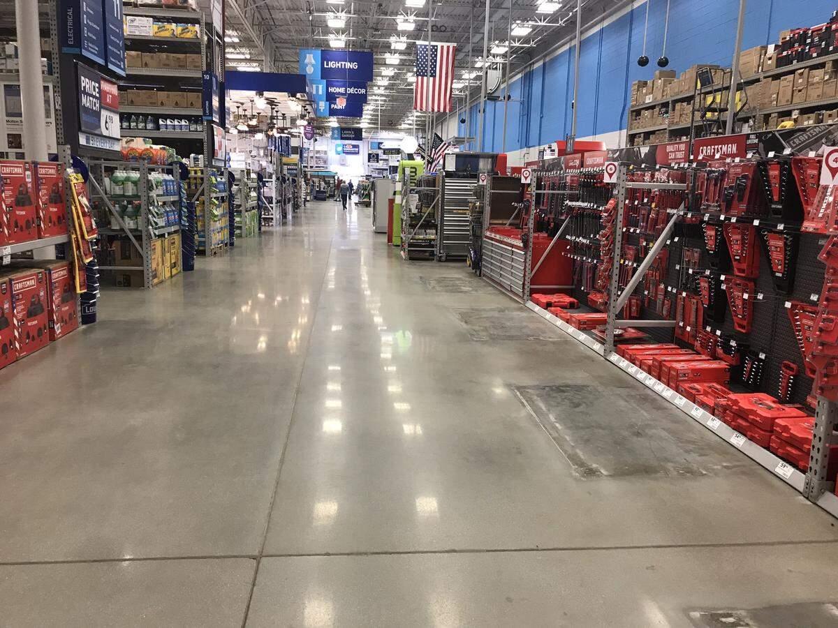 Racks of shelves have been moved to make aisles wider and easier to navigate at the Lowe’s store on Ballantyne Commons Parkway in south Charlotte.