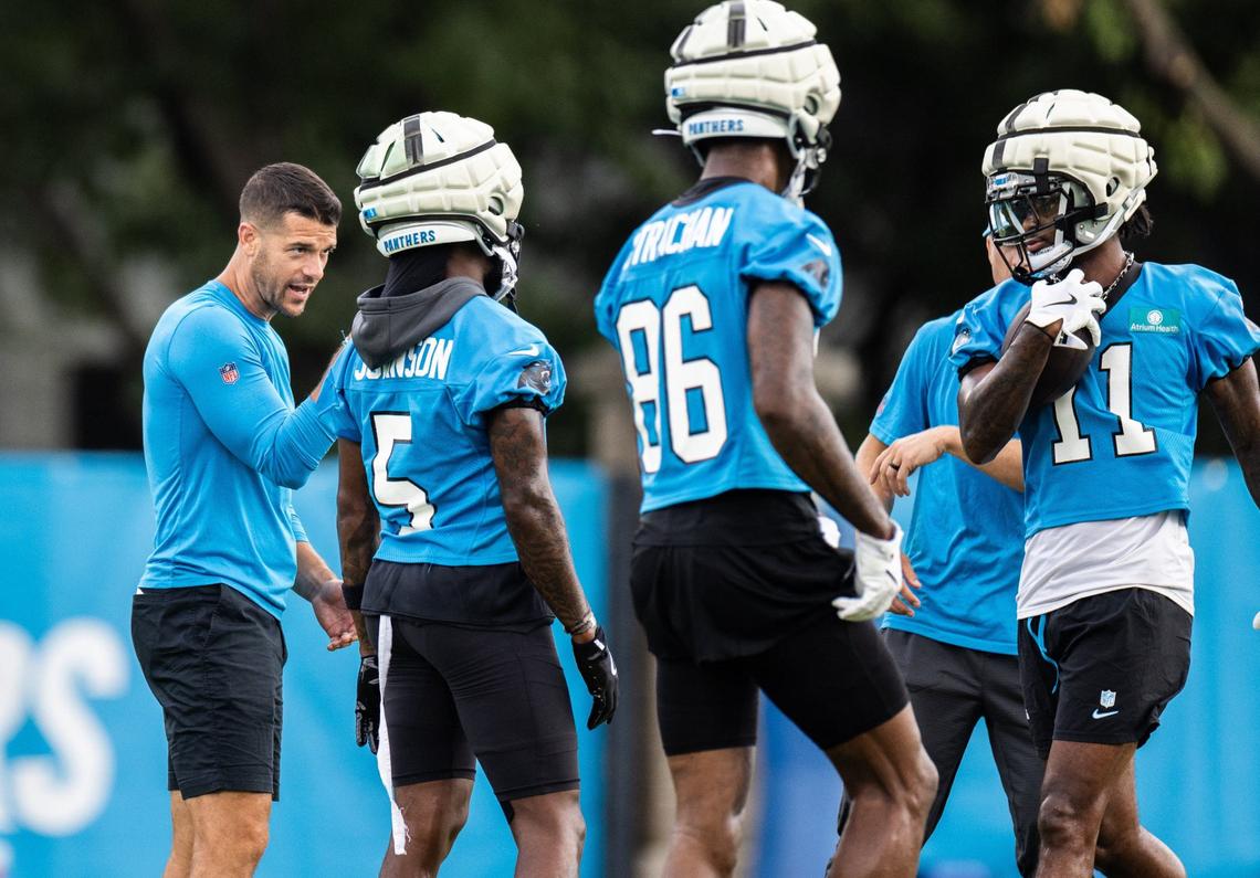 Carolina Panthers coach Dave Canales speaks to players during the Carolina Panthers Training Camp in Charlotte, N.C., on Monday, August 5, 2024.