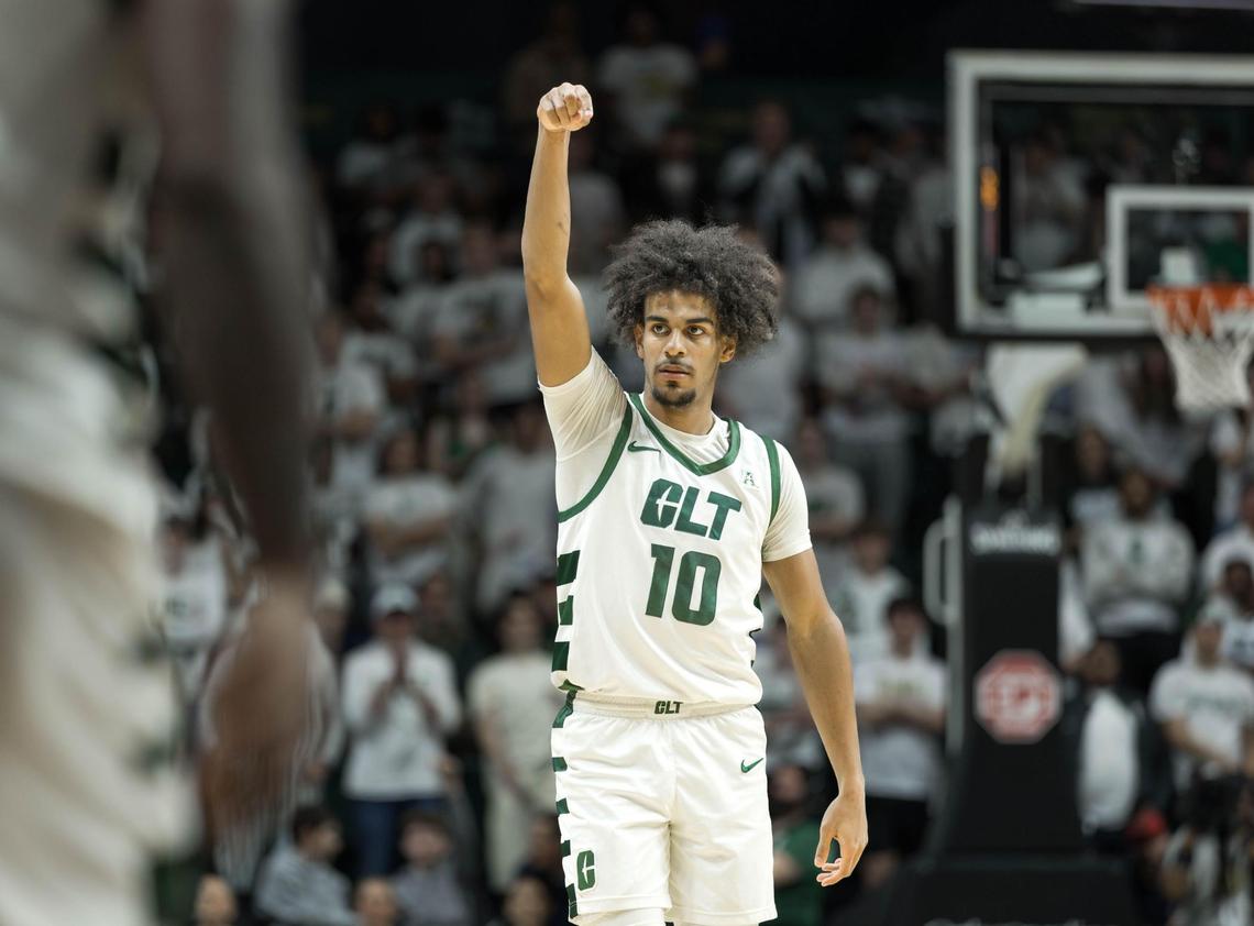 Charlotte Junior guard Nik Graves (10) celebrates his 3-point basket. Charlotte would host the Memphis Tigers in an American Athletic Conference game on January 19, 2025.