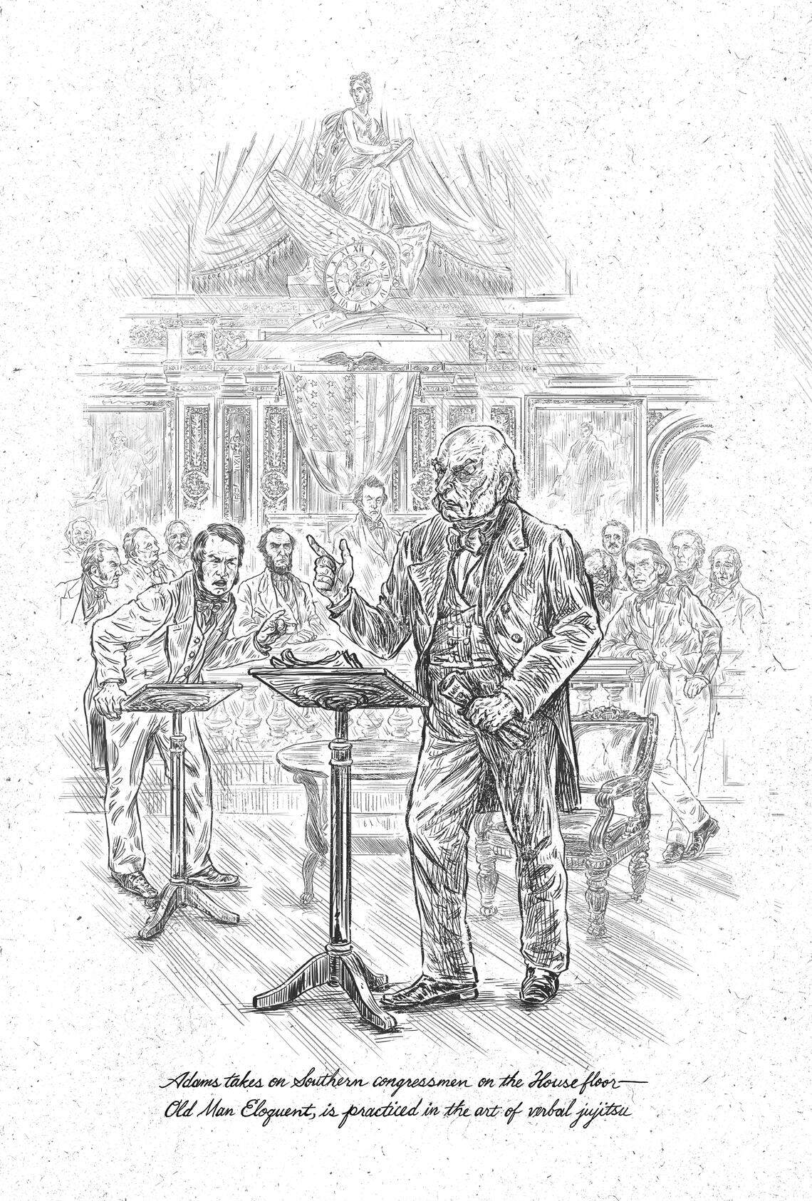 “Old Man Eloquent is practiced in the art of verbal jujitsu,” especially when taking on the slavocracy from the House floor. Garrett Morlan, who did all of the illustration’s in Bob Crawford’s book, also has designed posters for The Avett Brothers and other bands.