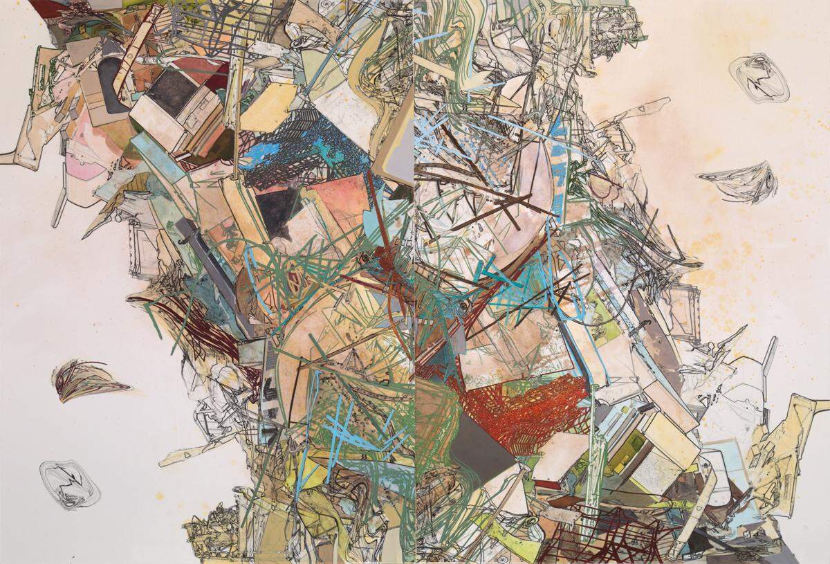 This piece by artist Susan Brenner is called “The State of Things.” It’s an abstract mix of color and lines whose form comes from digitally manipulated photographs of scrap metal heaps. Brenner says it stands as a symbol of over-consumption and chaos.