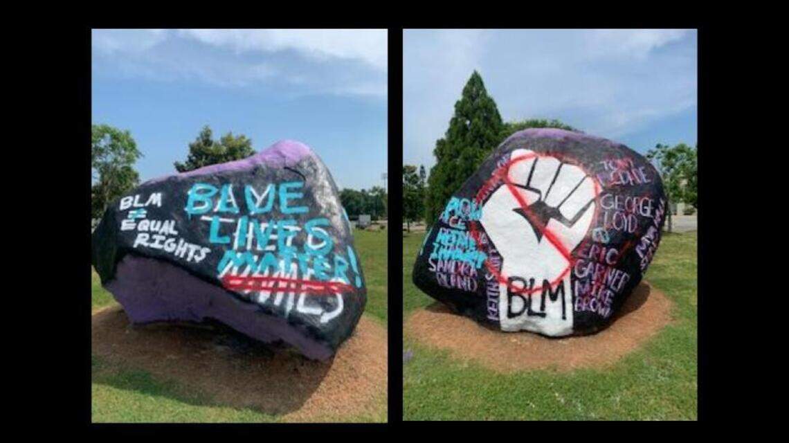 Support for Black Lives Matter painted on Ardrey Kell spirit rock, defaced days later